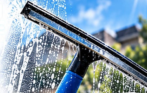 Squeegee drawing soapy water down a clean window